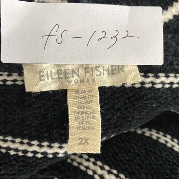 Organic Cotton Chenille Eileen Fisher Black and White Striped V-Neck Sweater - Picture 2 of 8